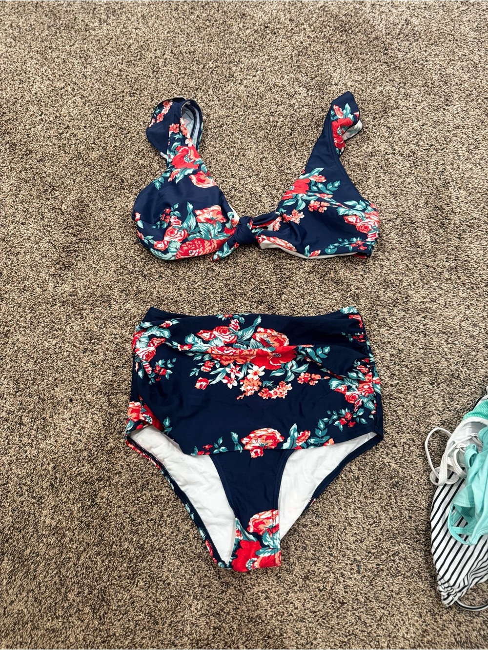 Navy Floral High-Waist Bikini Set